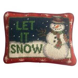 Vintage Needlepoint Pillow Snow Man Let It Snow Red Velvet Backing 8.5 X 6